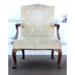19th century mahogany upholstered open armchair, with scrolled arms on cabriole legs.