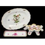 Herend porcelain desk stand decorated with puce coloured flowers on a white ground with gilt