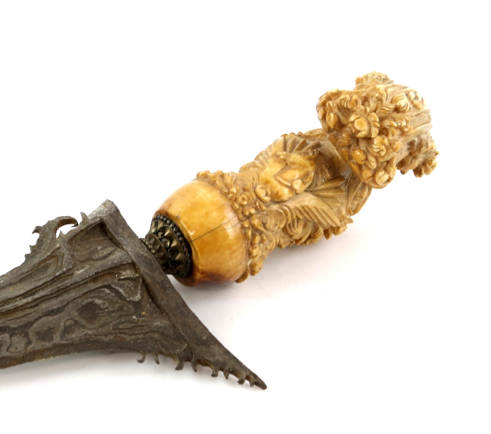 Southeast Asian Kris, the ivory handle carved with a flying horse, and foliate scrolls, and set with - Image 10 of 14