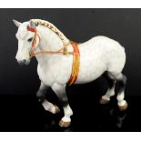Beswick dappled grey shire horse with red, yellow and black decorated mane and straps, matt