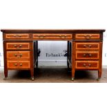 20th century mahogany and satinwood inlaid pedestal desk, the top with a leather writing surface
