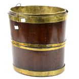 George III mahogany and brass bound peat bucket with brass liner. 34W x 30D x 33H (cm)
