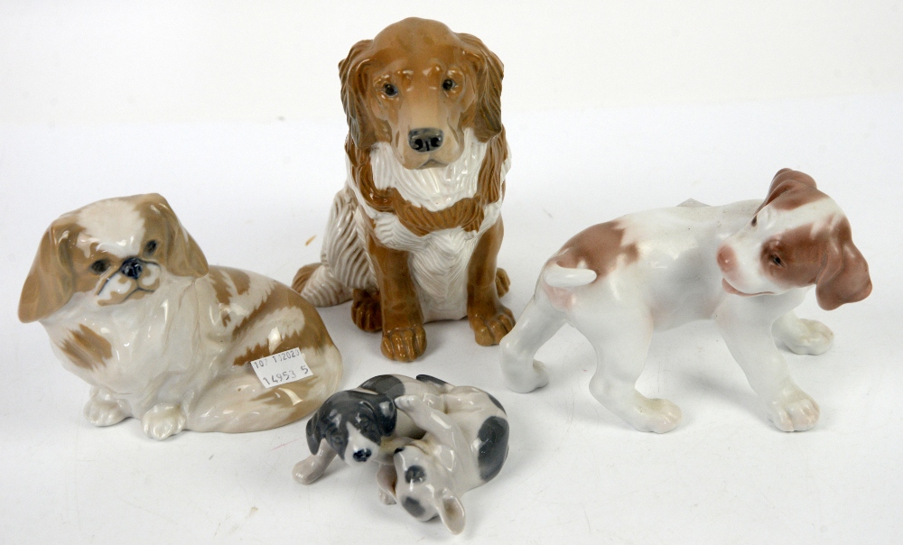 Royal Copenhagen Golden Retriever 5136, h18cm, spaniel 1772, h12cm, two puppies 453 and a Bing &