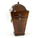 18th century mahogany crossbanded ebony and rosewood knife box, the hinged lid with carved canopy