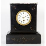 Late 19th century French black slate mantel clock, indistinctly signed white enamel dial with