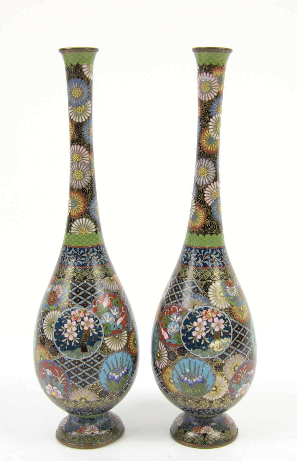 Pair of cloisonne stem vases decorated with flowers to the neck, and butterfly and cherry blossom