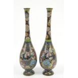 Pair of cloisonne stem vases decorated with flowers to the neck, and butterfly and cherry blossom