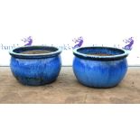Pair of blue glazed terracotta garden planters, H31cm Diameter 50cm