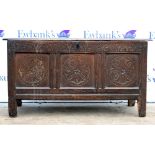 18th/19th century oak coffer with floral carved panelled front. 115W x 62H x 50D (cm)