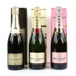 Three bottles of champagne in presentation boxes, to include one bottle of Moet & Chandon 'Moet
