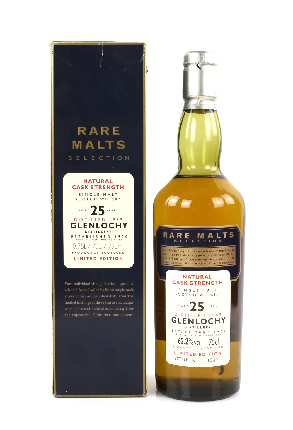 One bottle of Glenlochy 1969 Rare Malt 25 Year Old Natural Cask Strength Whisky, limited edition