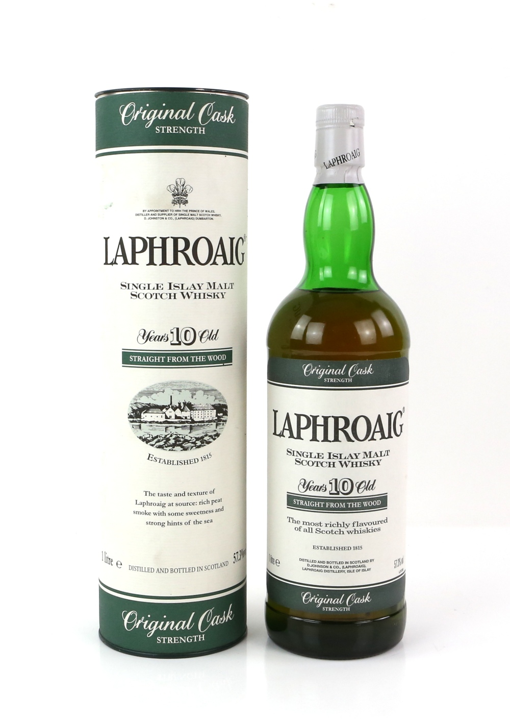 One bottle of Laphroaig Single Islay Malt Scotch Whiskey, aged 10 years, 1 litre, in presentation