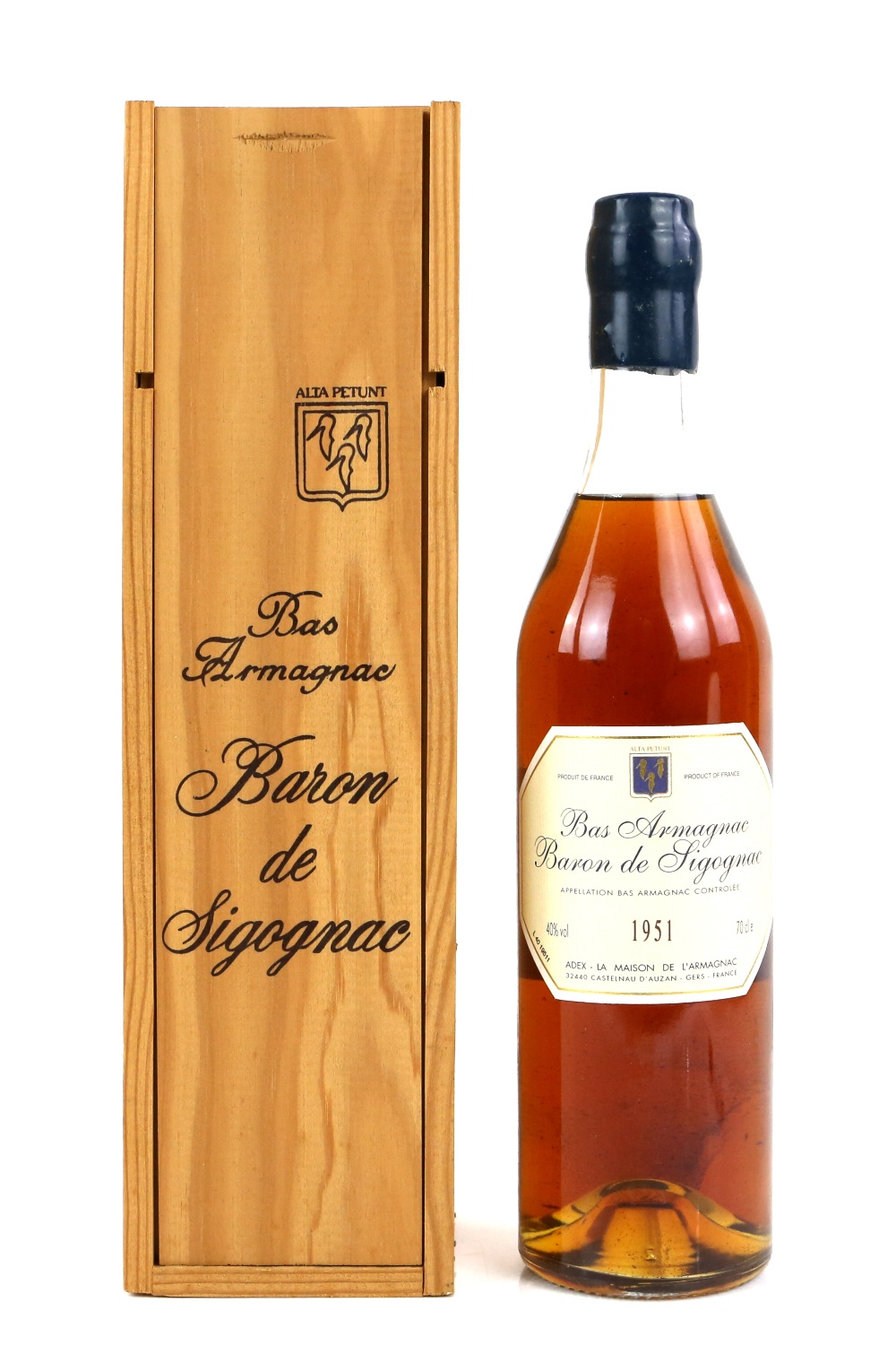 One bottle of Bas Armagnac Baron de Sigognac 1951 in wooden presentation case, 70cl, 40% vol
