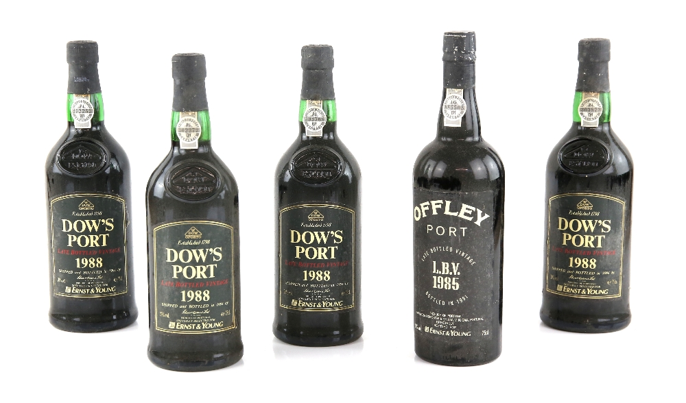 Five bottles of port to include four bottles Dow's 1988 Late bottled vintage (bottled 1994), one