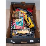 A BOX OF ASSORTED TRACK AND TRAINS ETC