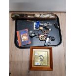 TRAY OF MISCELLANEOUS INC BRASS FACED BAROMETER ANTIQUE ALLCOCK FLY REEL GUN CLEANING KIT ETC