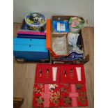 2 BOXES OF MISCELLANEOUS ITEMS INC 2 BOXED ESTEE LAUDER BOX SETS FROSTED GLASS SHADES ETC