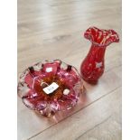 BOHEMIA CLEAR CASED RED NUT DISH TOGETHER WITH FRILLED RED ART GLASS VASE BY SHAKSPEARE