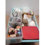 A BOX OF ASSORTED SEWING MATERIALS