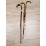 3 RUSTIC WALKING STICKS ONE WITH SILVER COLLAR AND CROWN