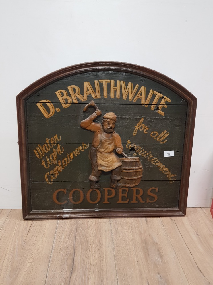 VINTAGE D BRAITHWAITE COOPERS ADVERTISING WALL PLAQUE 61 X 56 CM