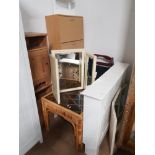 A LARGE LOT OF HOUSEHOLD ITEMS INC CANE AND WICKER COFFEE TABLE RADIATOR COVER ETC