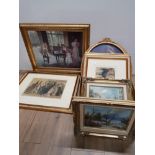 BOX OF GILT FRAMED PRINTS PLUS 2 OIL ON CANVAS PAINTINGS ONE SIGNED BY BARTON