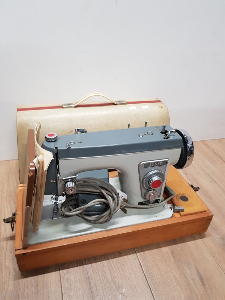 VINTAGE JONES SEWING MACHINE IN ORIGINAL CASE