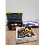 A TOOLBOX WITH CONTENTS TOGETHER WITH A BOX OF TOOLS AND A POINTING AND GROUTING GUN ETC