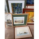 5 FRAMED ITEMS INCLUDING SIGNED OIL ON CANVAS AND TAPESTRY WOODLAND SCENE ETC