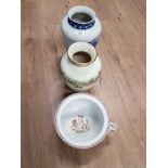 VICTORIAN CHAMBER POT AND CHINESE QUAIL VASE AND ONE OTHER