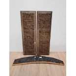 2 CHIP CARVED PANELS AND CARVED ETHNIC CANOE BACKBOARD