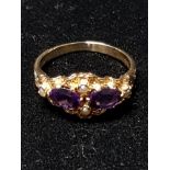 9CT GOLD AMETHYST AND PEARL RING SIZE L1/2 GROSS WEIGHT 2.3G