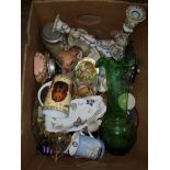 A BOX OF ASSORTED WARE INC GLASS WARE CANDLESTICKS ETC