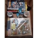 A BOX CONTAINING MISCELLANEOUS INC VINTAGE 2000A JUDGE DREDD COMIC ETC