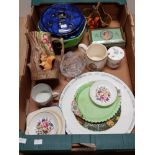 BOX OF MISCELLANEOUS CHINA PIECES INCLUDING RINGTONS FLOWER POT AND MALING PLATE PLUS