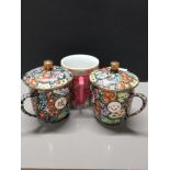 PAIR OF VINTAGE HAND PAINTED CHINESE LIDDED MUGS PLUS ONE OTHER