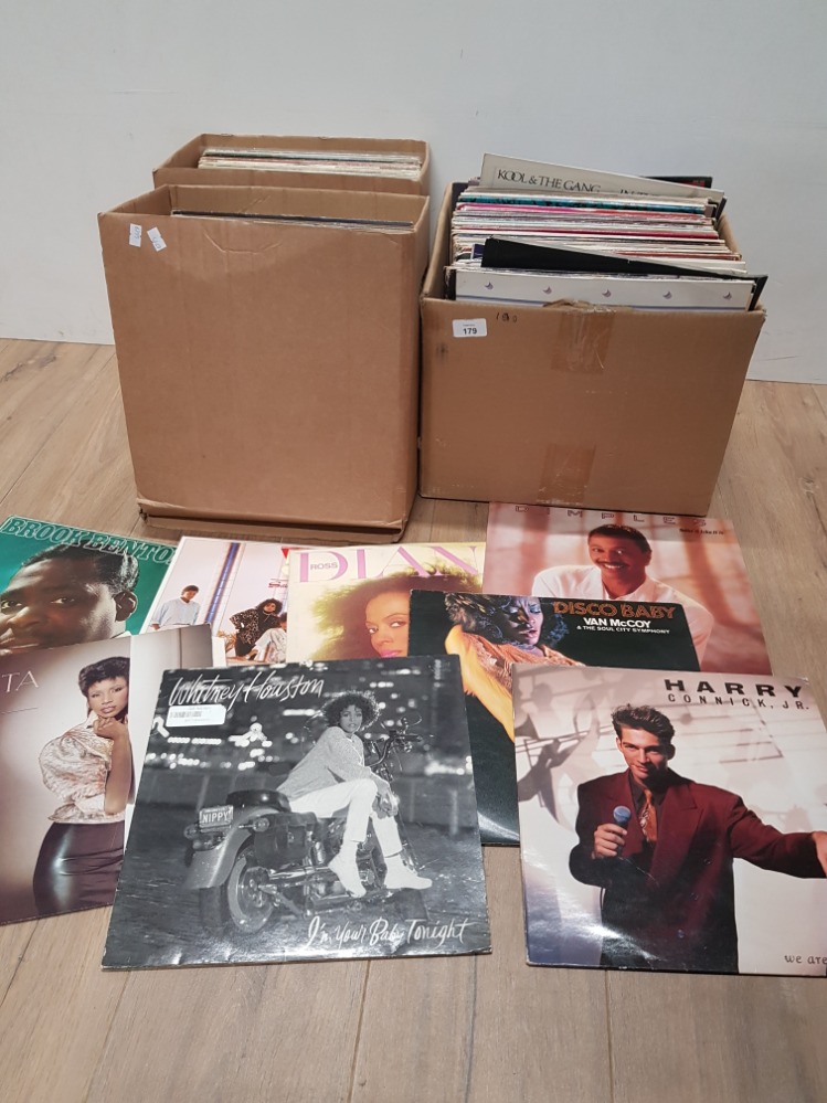 3 BOXES CONTAINING A SUBSTANTIAL AMOUNT OF LP RECORDS INCLUDES WHITNEY HOUSTON AND DIANA ROSS ETC