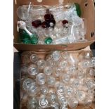 2 BOXES OF MISCELLANEOUS GLASSWARE INCLUDES GLASS DECANTER AND DRINKING GLASSES ETC