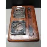 VICTORIAN OAK INK STAND WITH ORIGINAL GLASS INKWELLS