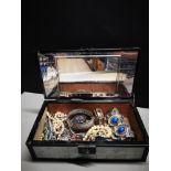 BOX OF COSTUME JEWELLERY INCLUDES PEARL NECKLACES AND CZ CRUCIFIX PENDANT ON CHAIN