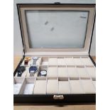 WATCH DISPLAY CASE WITH 5 MISCELLANEOUS WRISTWATCHS