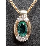 9CT GOLD DIAMOND AND EMERALD PENDANT ON 9CT GOLD CHAIN 2.3G