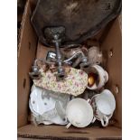 BOX OF MISCELLANEOUS ITEMS INC SILVER PLATED CANDELABRA SPRINGFIELD CHINA ETC