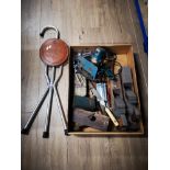 BOX OF MISCELLANEOUS TOOLS INCLUDING DRILL BITS AND WOOD PLANES