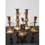 2 PAIRS OF BRASS CANDLESTICKS TOGETHER WITH A BRASS MINER