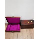 A VINTAGE MAHOGANY WOODEN MINIATURE CHEST TOGETHER WITH A MODERN JEWELLERY BOX