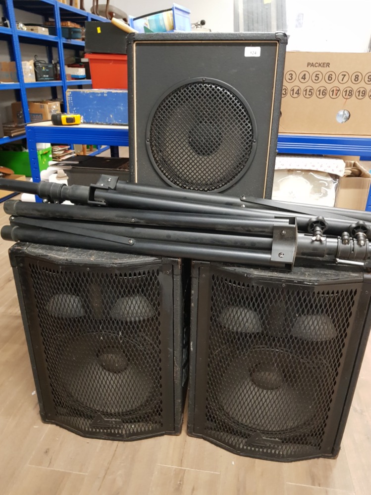 A PAIR OF CARLSBRO INDUSTRIAL SPEAKERS TOGETHER WITH STANDS AND ONE OTHER SPEAKER