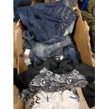 BOX CONTAINING JEANS OF VARIOUS SIZES INCLUDES FIRETRAP 32R PLUS NEWCASTLE TOP SIZE L AND NIKE