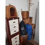 A LARGE LOT INC A PAIR OF 3 DRAWER CHESTS WICKER BASKETS ETC